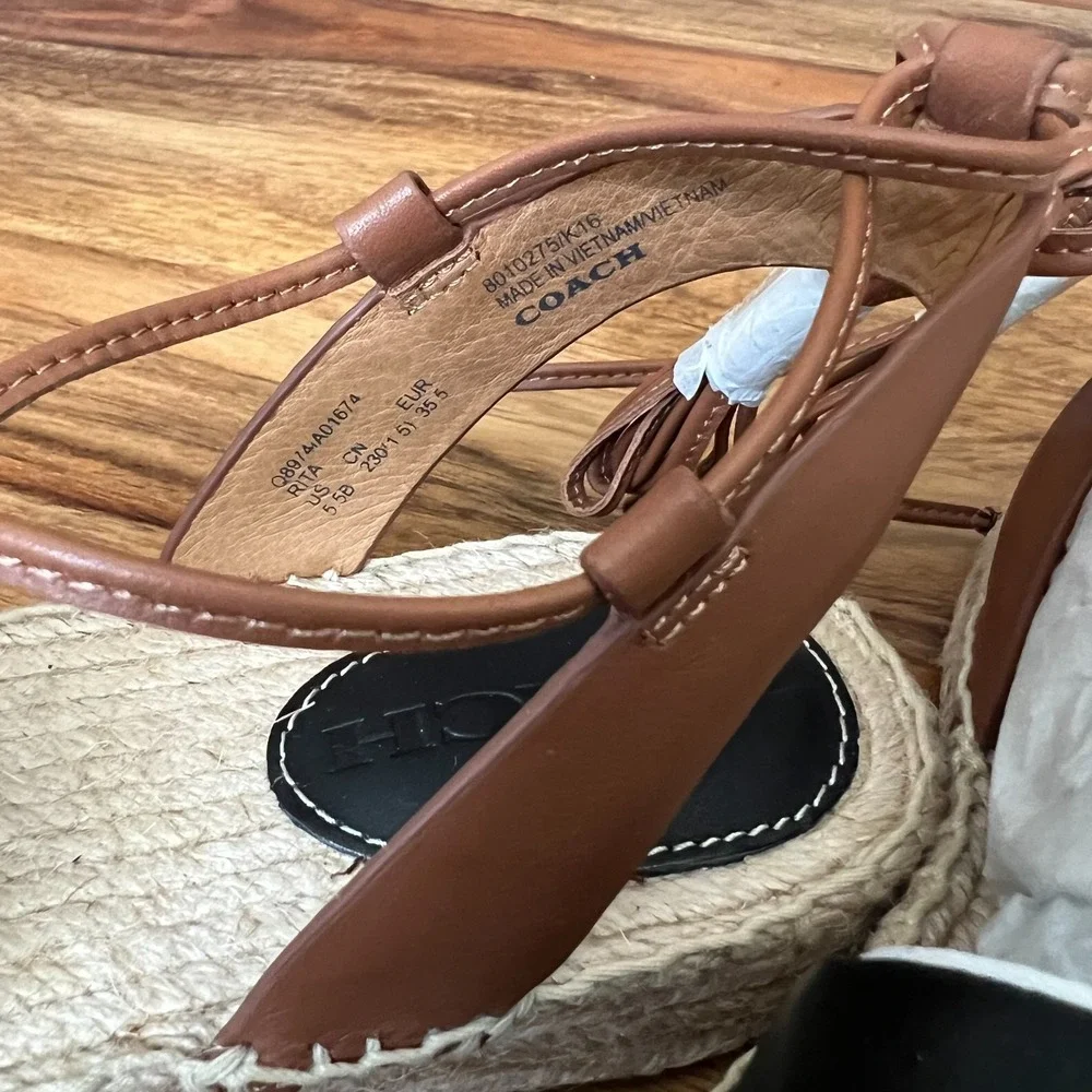 Coach Rita Espadrille Sandals – Black/Tan Leather Lace-Up Flats Size 5.5 - Picture 9 of 11